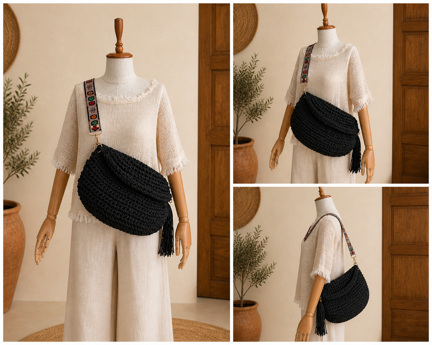 Bohem El Örgüsü Siyah Omuz & Crossbody Çanta – Tasarım Büyük Boy, El Yapımı
