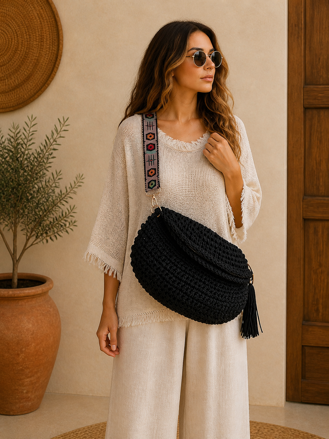 Bohem El Örgüsü Siyah Omuz & Crossbody Çanta – Tasarım Büyük Boy, El Yapımı