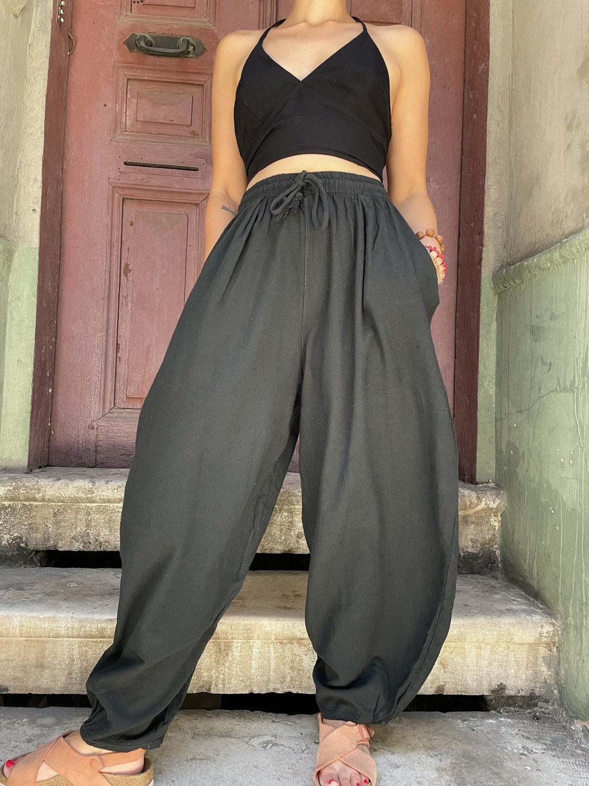 Bohem Lastik Bel Bağcıklı Siyah Kadın Pantolon