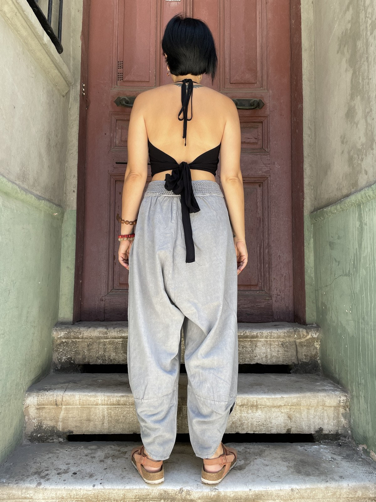 Bohem Lastik Bel Gri Kadın Pantolon