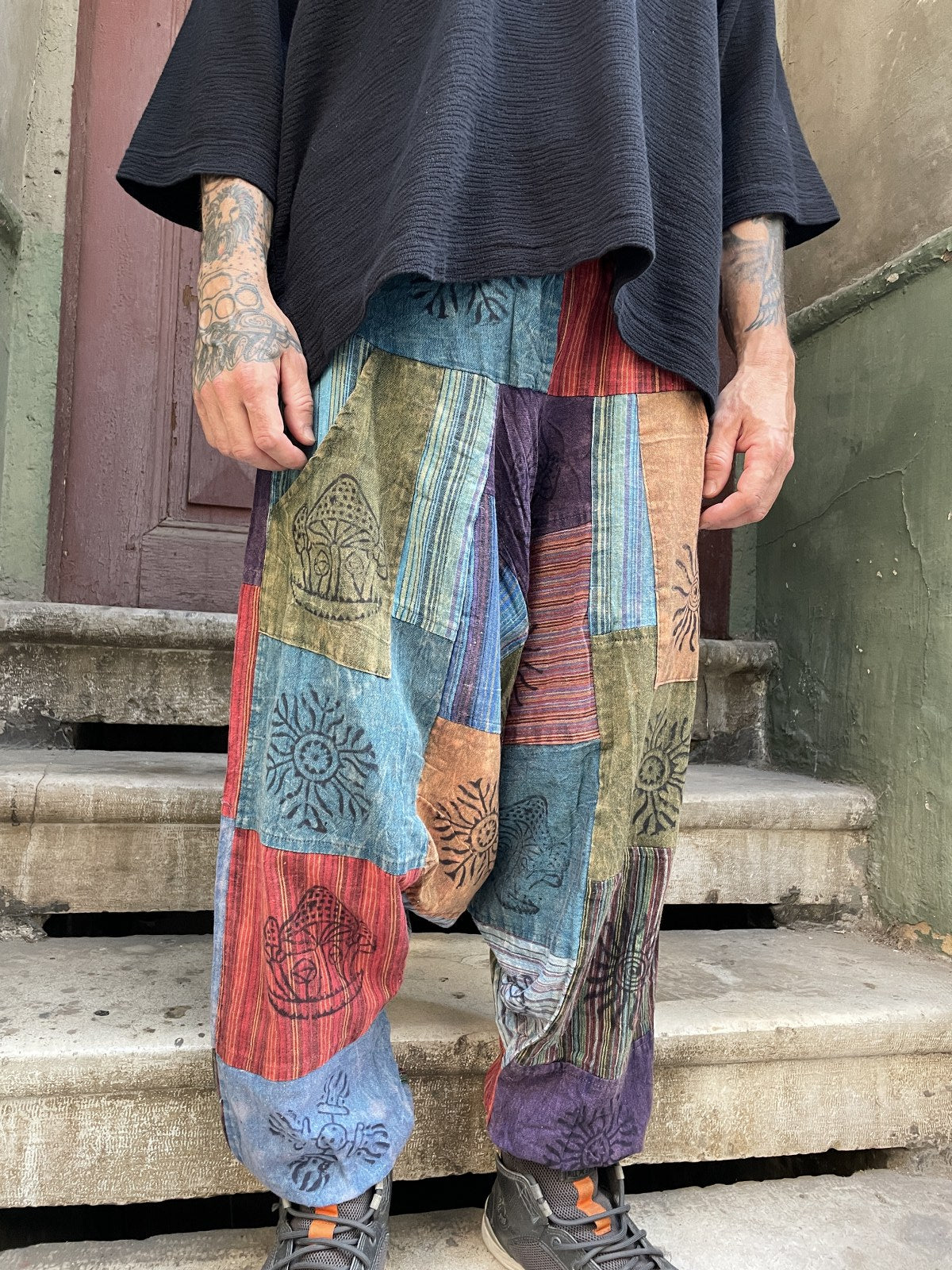 Unisex Nepal Patchwork Desenli Şalvar Pantolon – Mavi Renkli