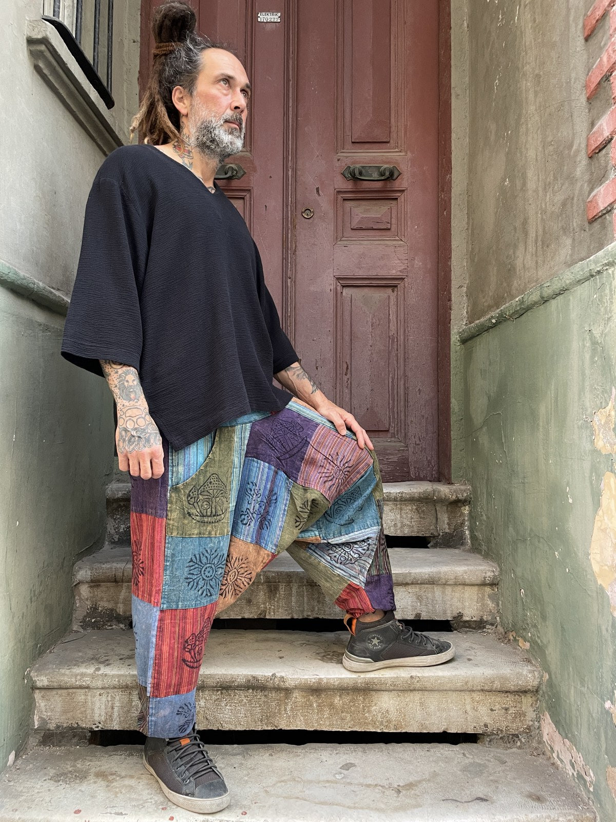 Unisex Nepal Patchwork Desenli Şalvar Pantolon – Mavi Renkli
