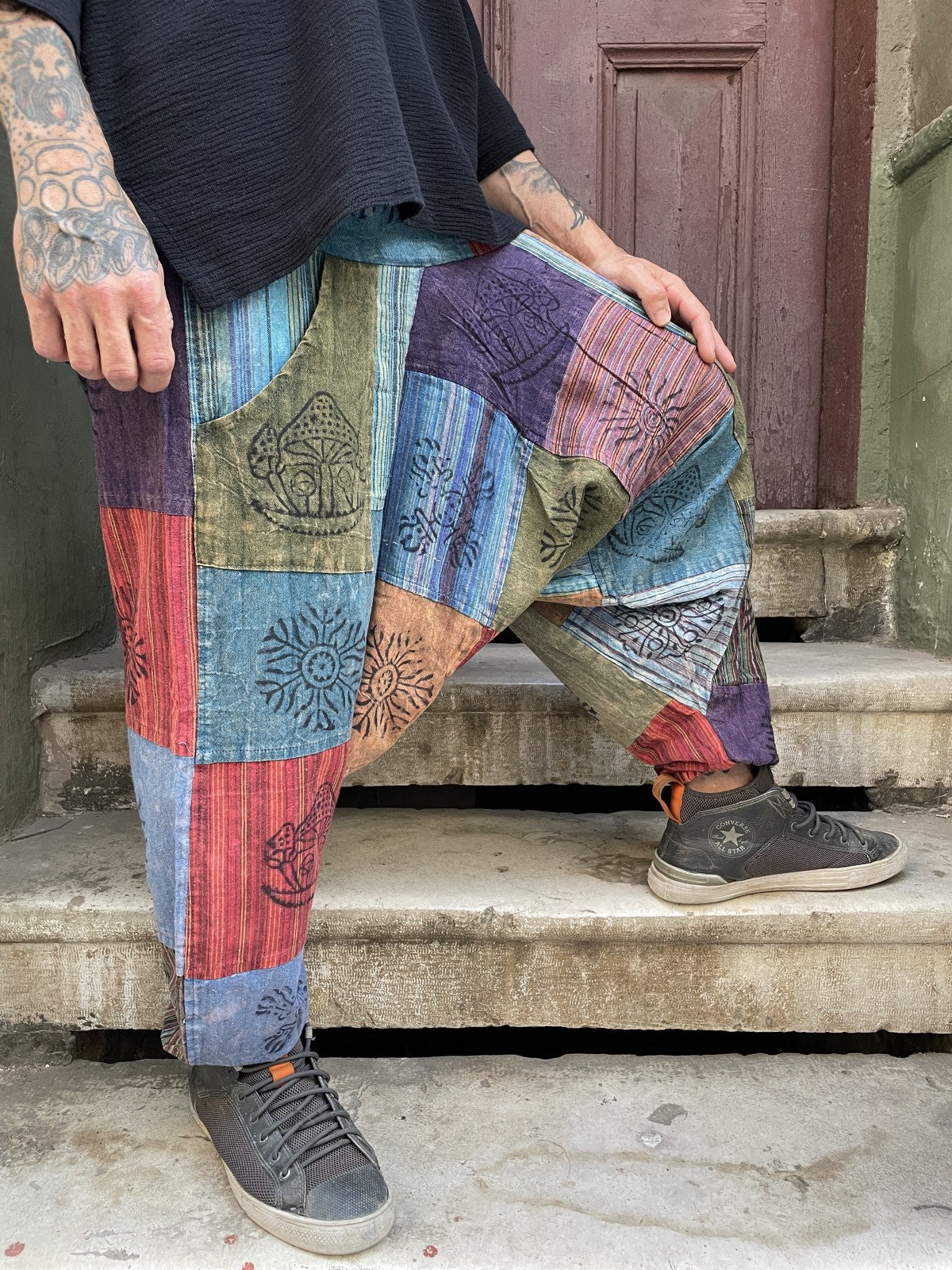 Unisex Nepal Patchwork Desenli Şalvar Pantolon – Mavi Renkli