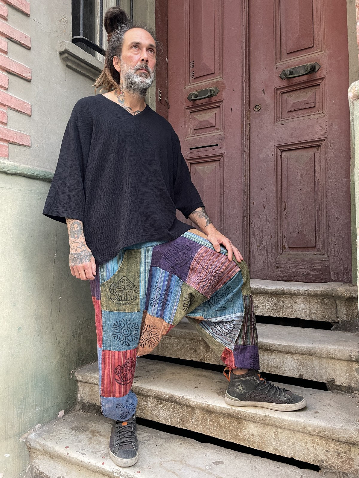Unisex Nepal Patchwork Desenli Şalvar Pantolon – Mavi Renkli