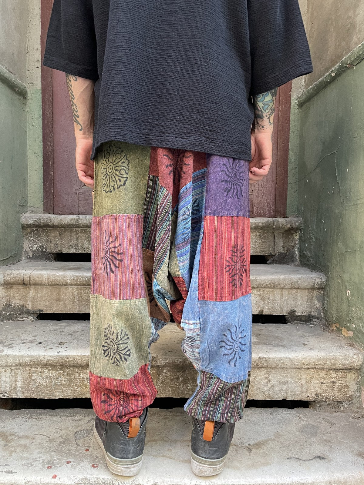 Unisex Nepal Patchwork Desenli Şalvar Pantolon – Mavi Renkli