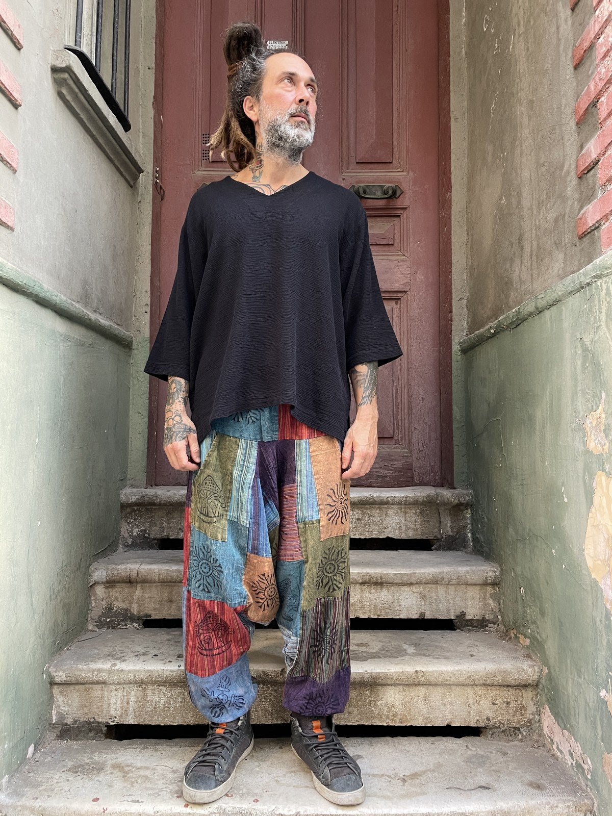 Unisex Nepal Patchwork Desenli Şalvar Pantolon – Mavi Renkli