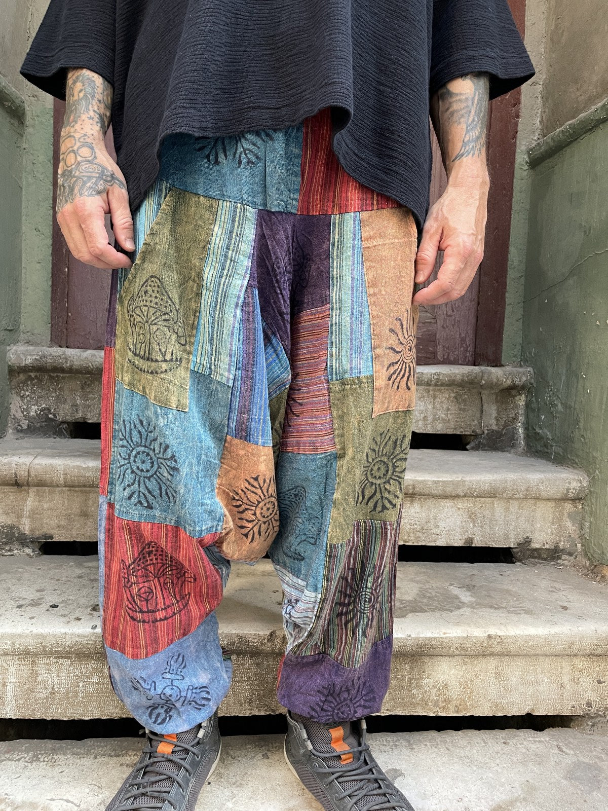 Unisex Nepal Patchwork Desenli Şalvar Pantolon – Mavi Renkli
