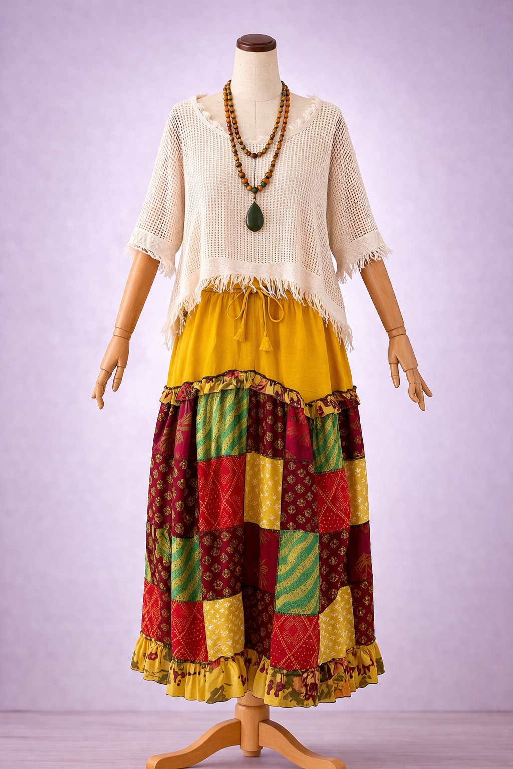 Nepal Patchwork Bohem Etek – %100 Pamuk, Lastikli Bel – Sarı