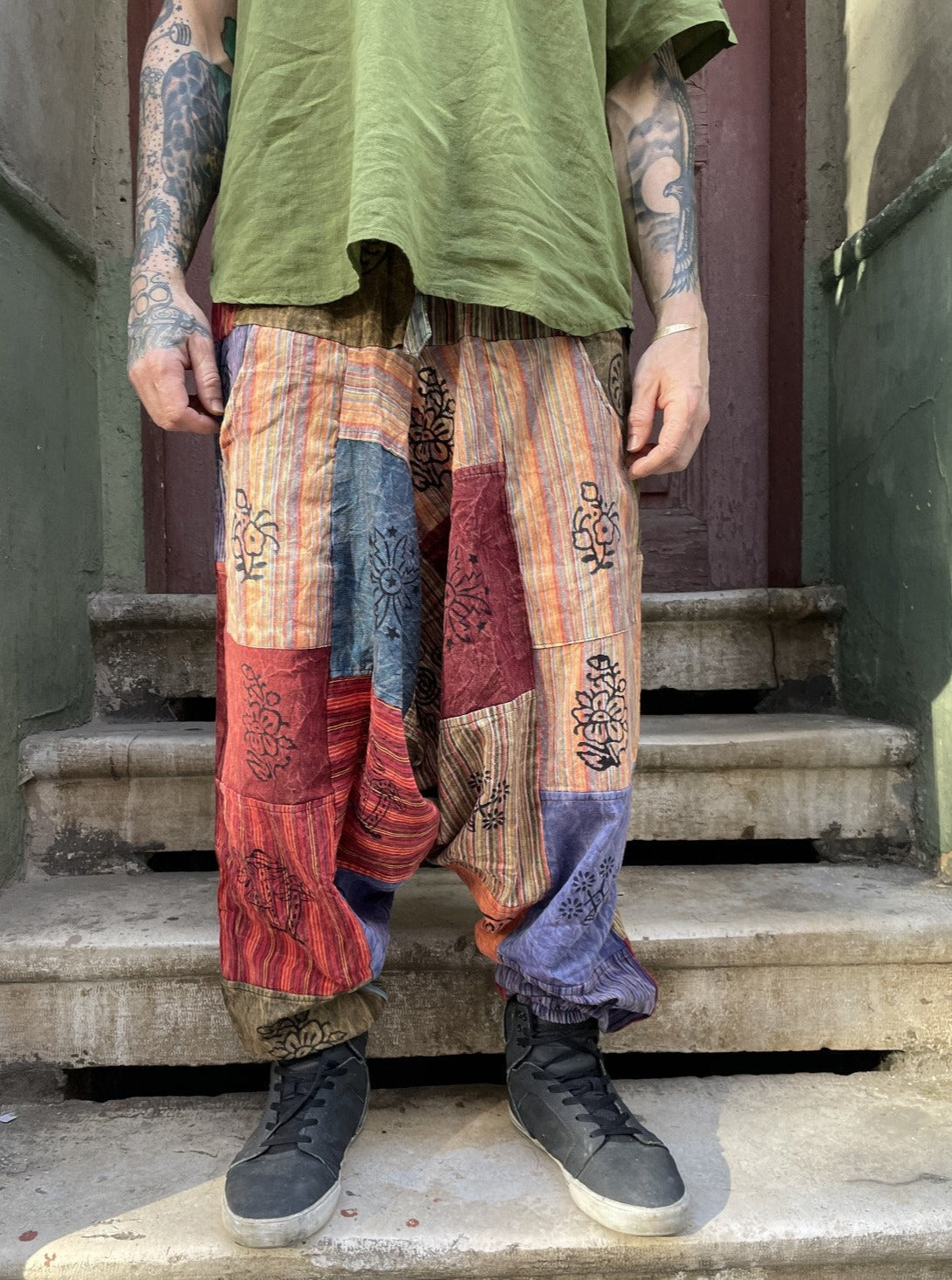 Unisex Nepal Bej Mor Renkli Patchwork Festival Şalvar Pantolon
