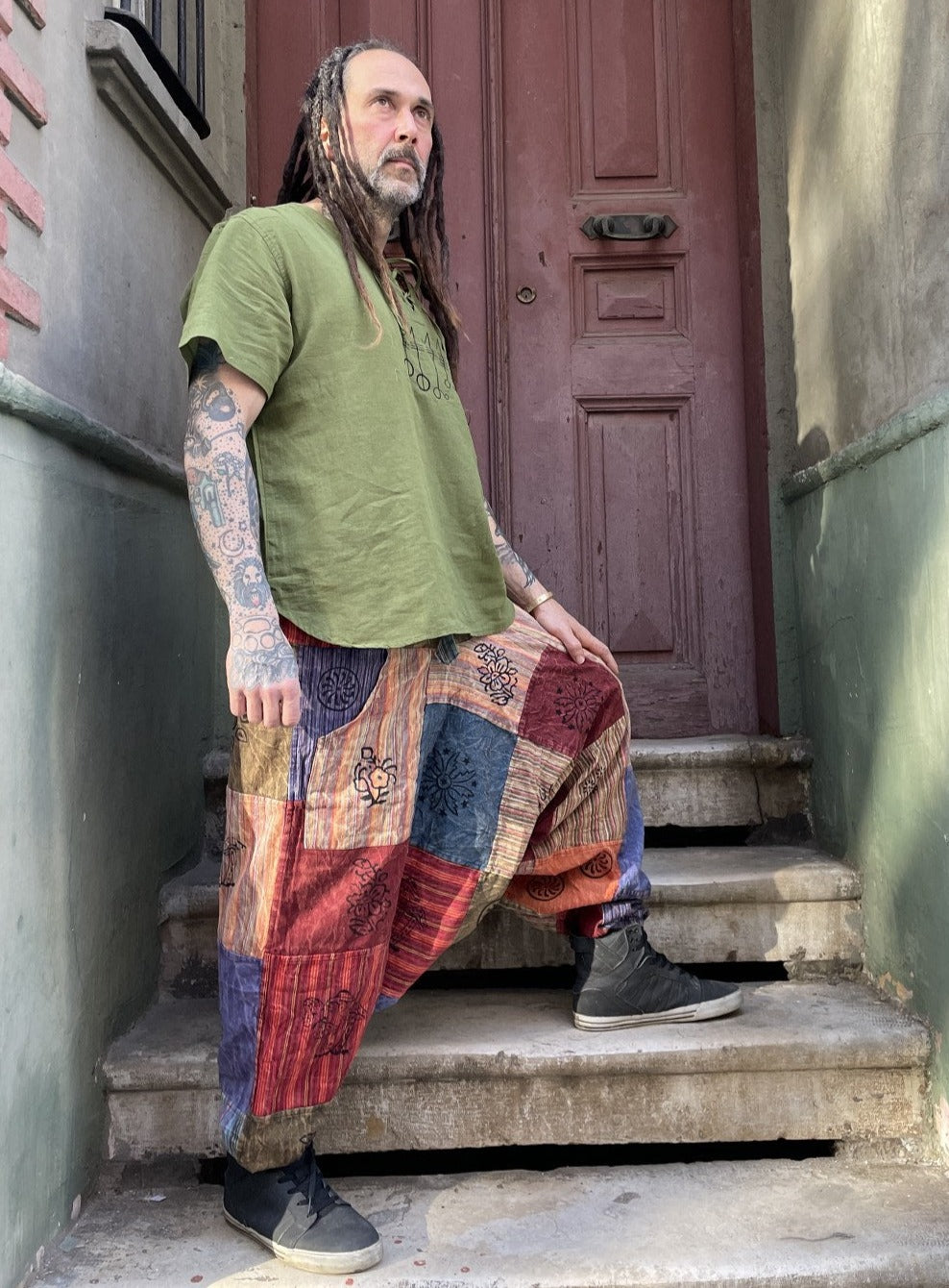 Unisex Nepal Bej Mor Renkli Patchwork Festival Şalvar Pantolon