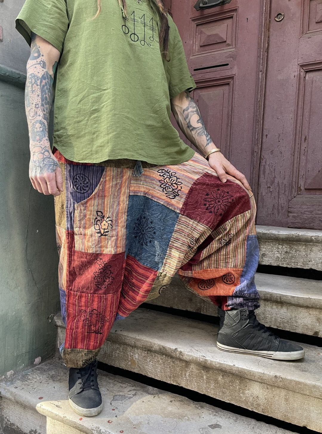 Unisex Nepal Bej Mor Renkli Patchwork Festival Şalvar Pantolon