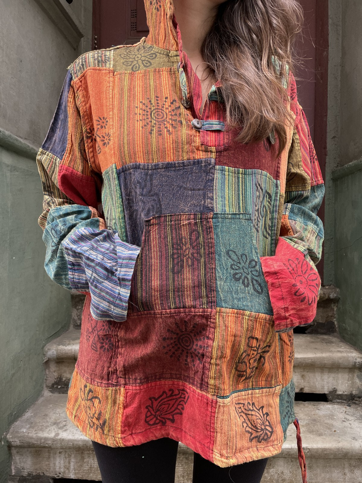 Nepal Patchwork Gri Bordo Gömlek