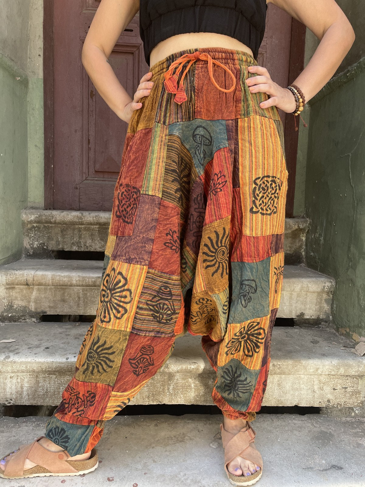 Nepal Patchwork Yeşil Kahve Şalvar Kadın Pantolon