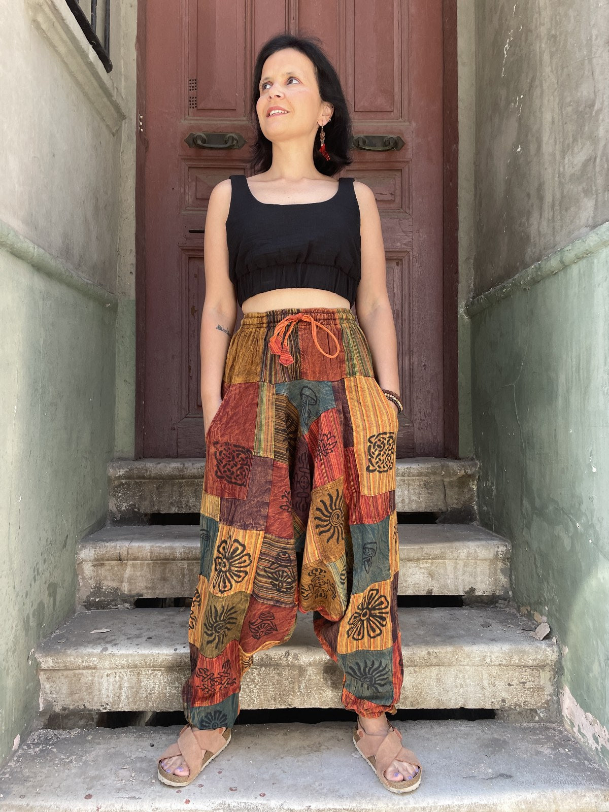 Nepal Patchwork Yeşil Kahve Şalvar Kadın Pantolon