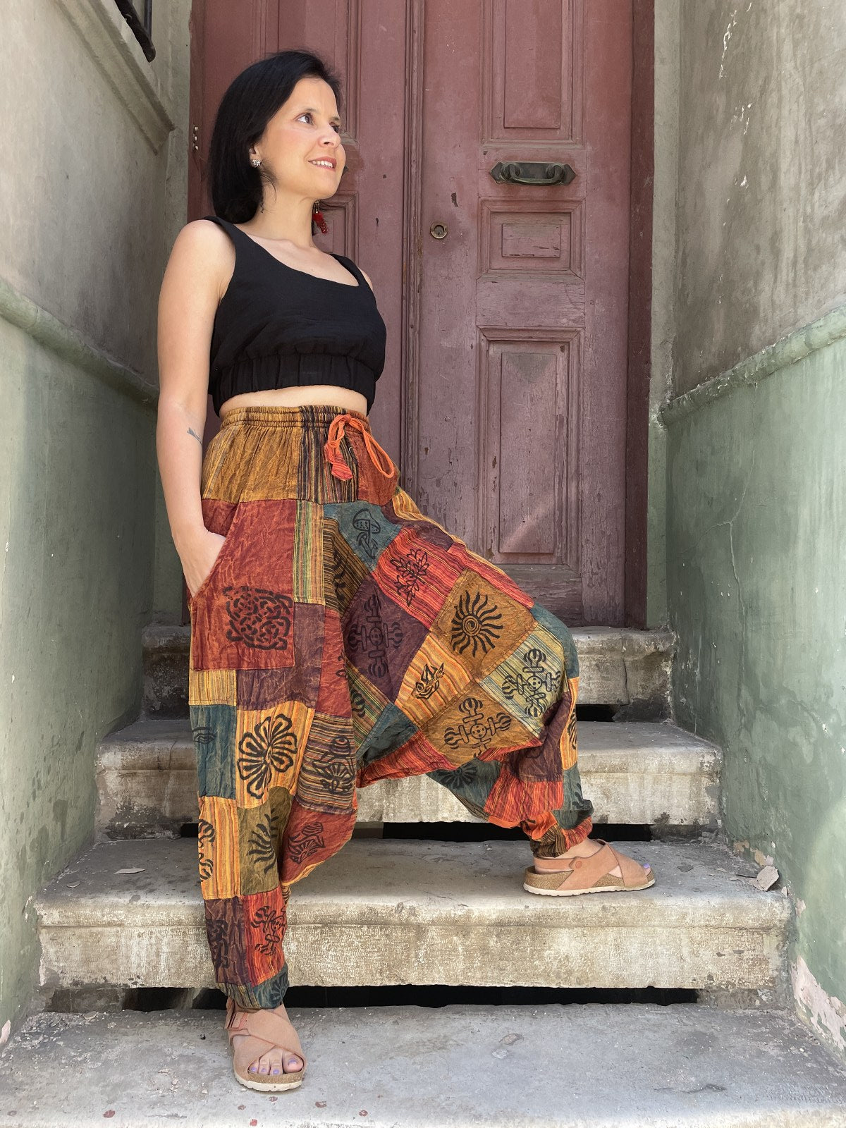 Nepal Patchwork Yeşil Kahve Şalvar Kadın Pantolon