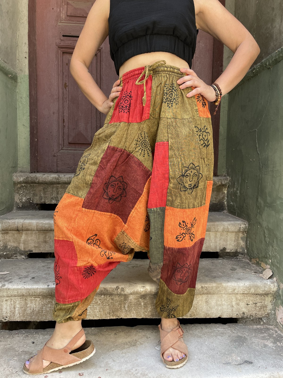 Nepal Patchwork Kahve Kırmızı Şalvar Kadın Pantolon