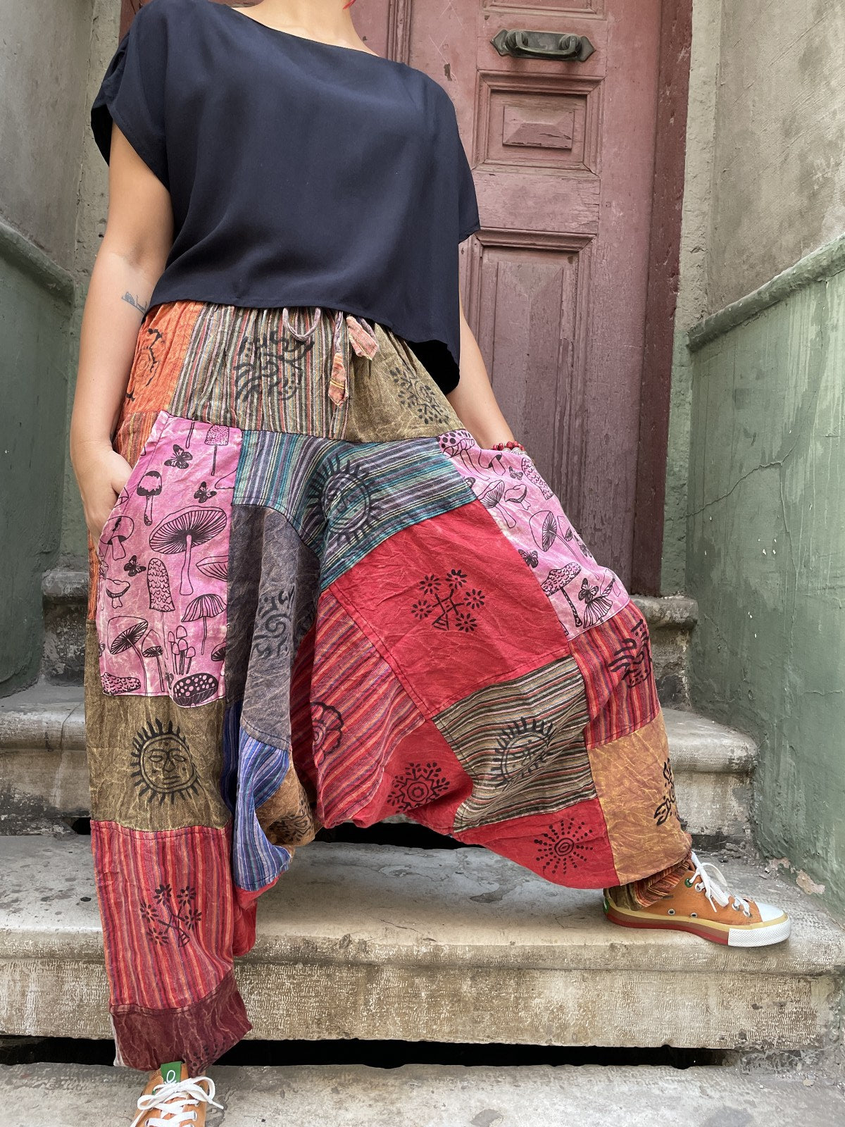 Unisex Nepal Kahve Çapa Patchwork Şalvar Pantolon