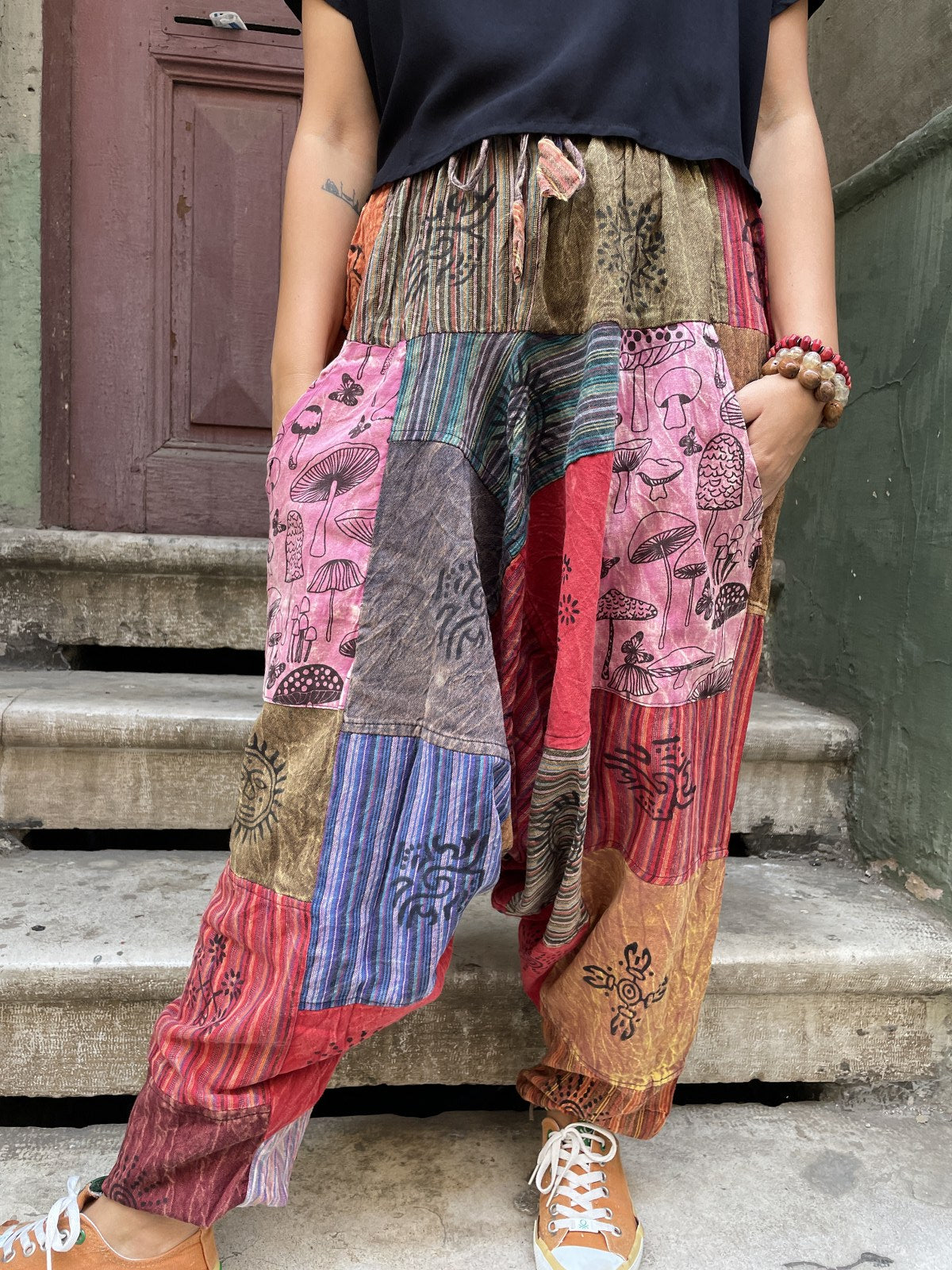 Unisex Nepal Kahve Çapa Patchwork Şalvar Pantolon