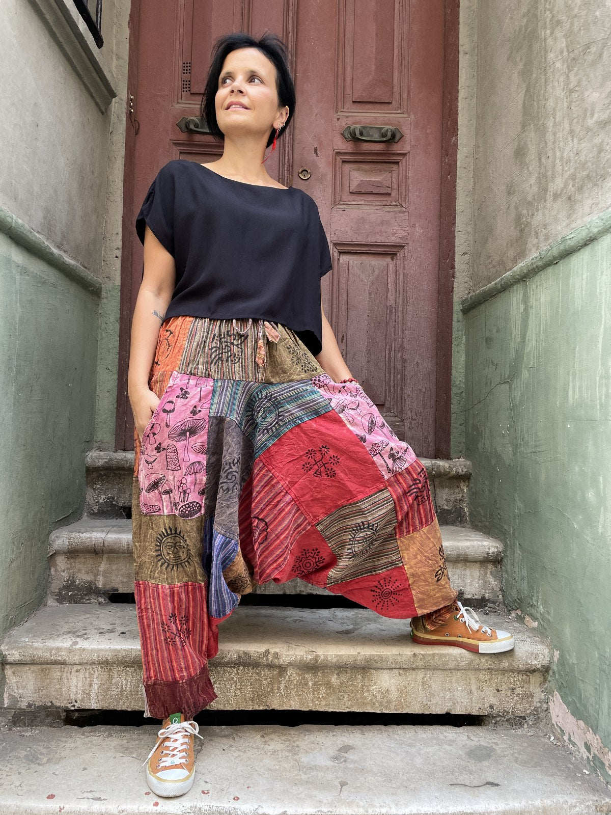 Unisex Nepal Kahve Çapa Patchwork Şalvar Pantolon