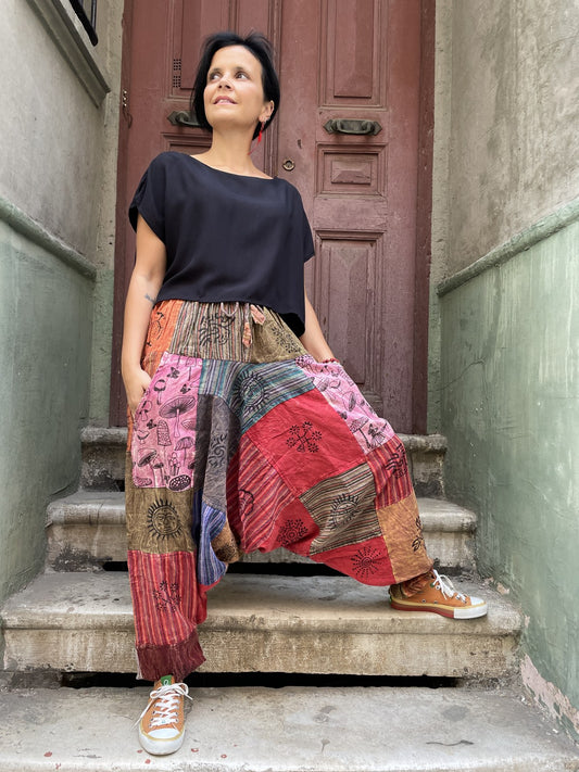 Unisex Nepal Kahve Çapa Patchwork Şalvar Pantolon