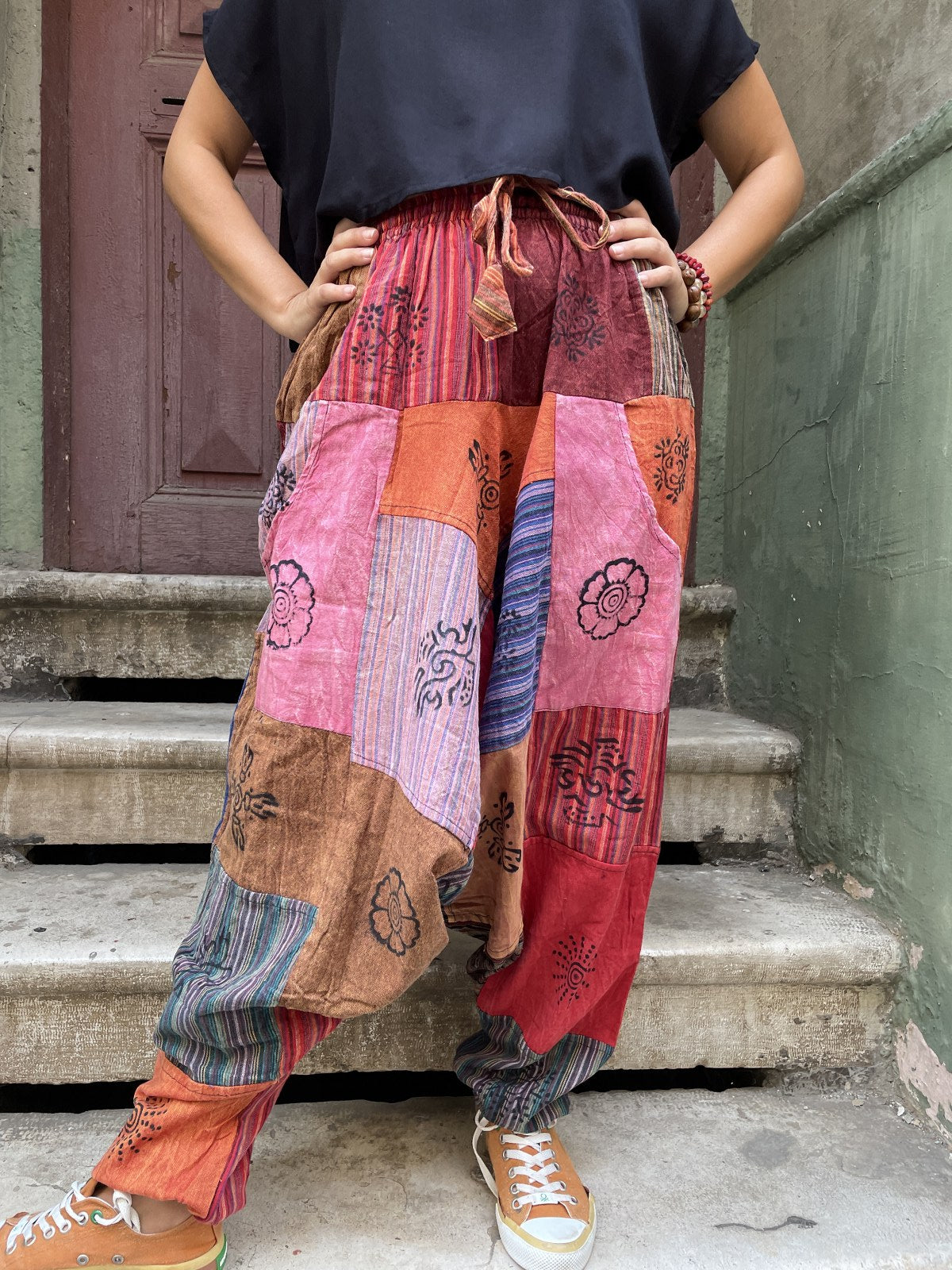 Unisex Nepal Pembe Dalga Patchwork Şalvar