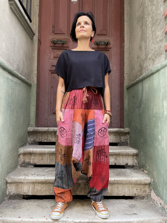Unisex Nepal Pembe Dalga Patchwork Şalvar