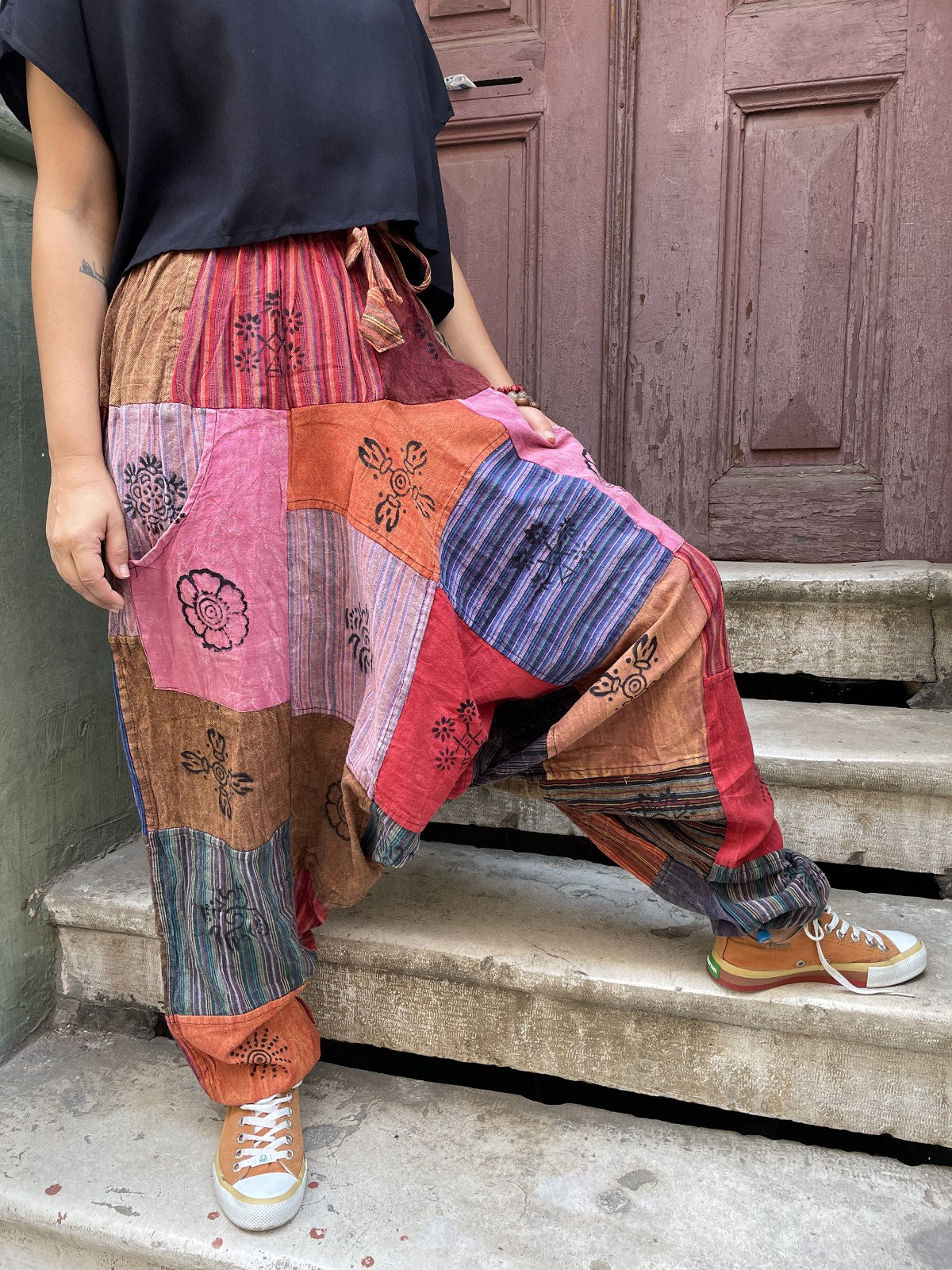 Unisex Nepal Pembe Dalga Patchwork Şalvar