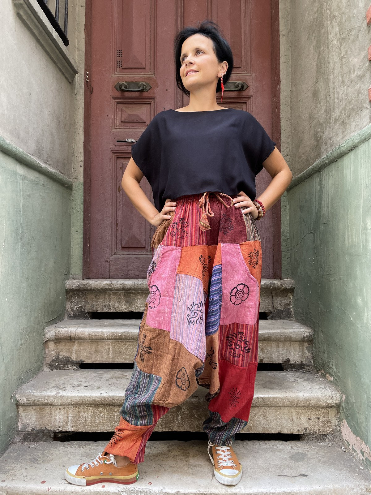 Unisex Nepal Pembe Dalga Patchwork Şalvar