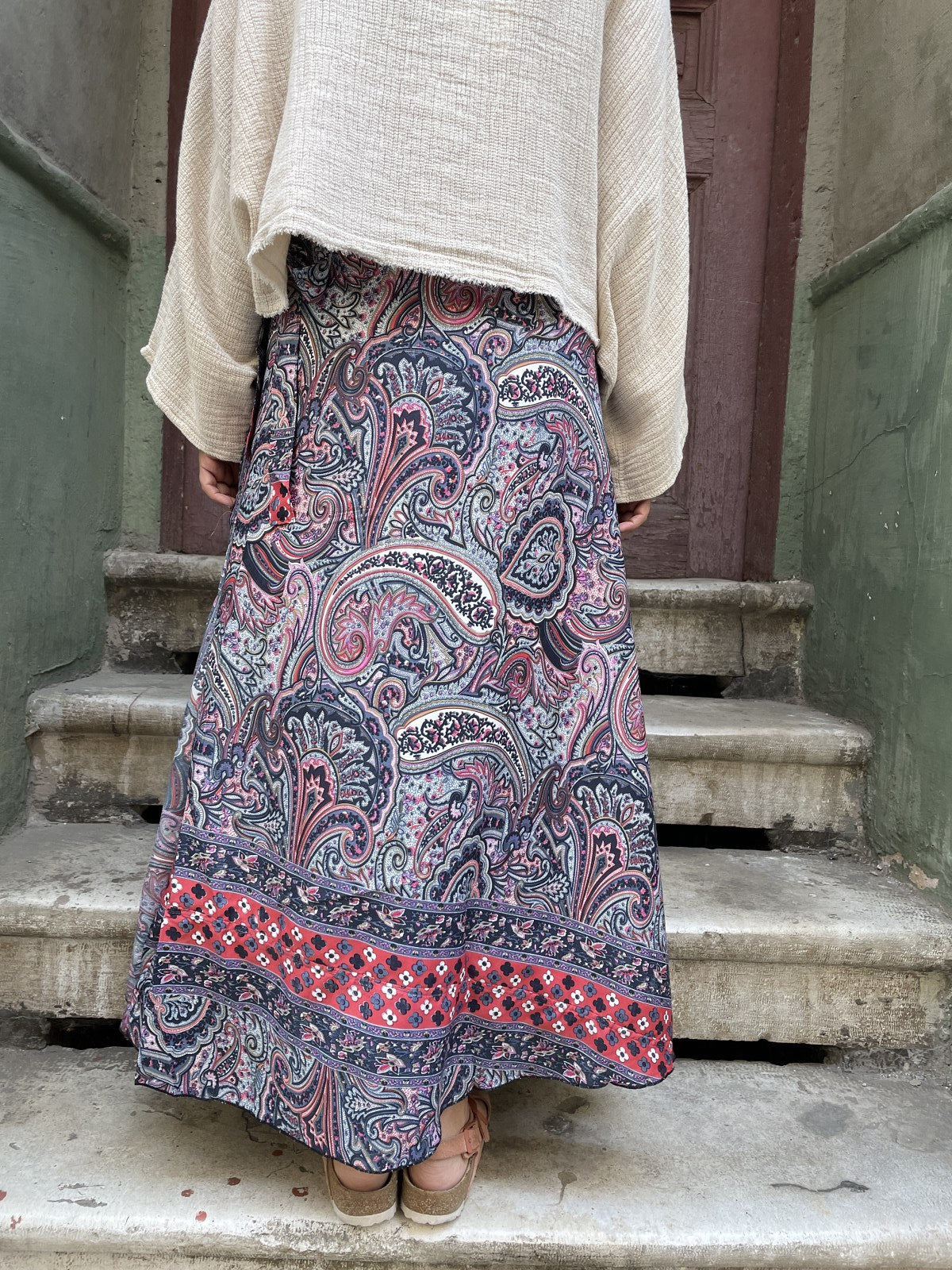 Bohem Desenli Laci Pembe Bağlamalı İpek Etek