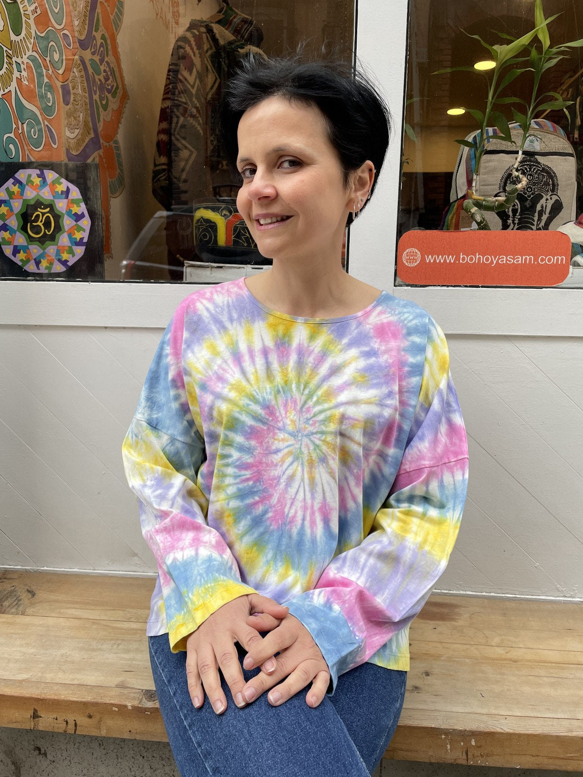 Bohem Batik Pembe Sarı Uzun Kol Bluz