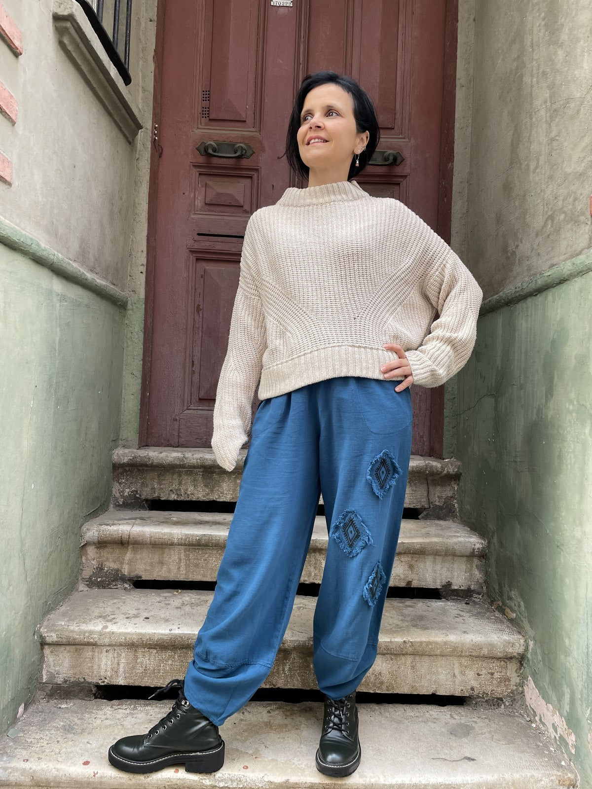 Petrol Bohem Kilim Motifli Kadın Pantolon