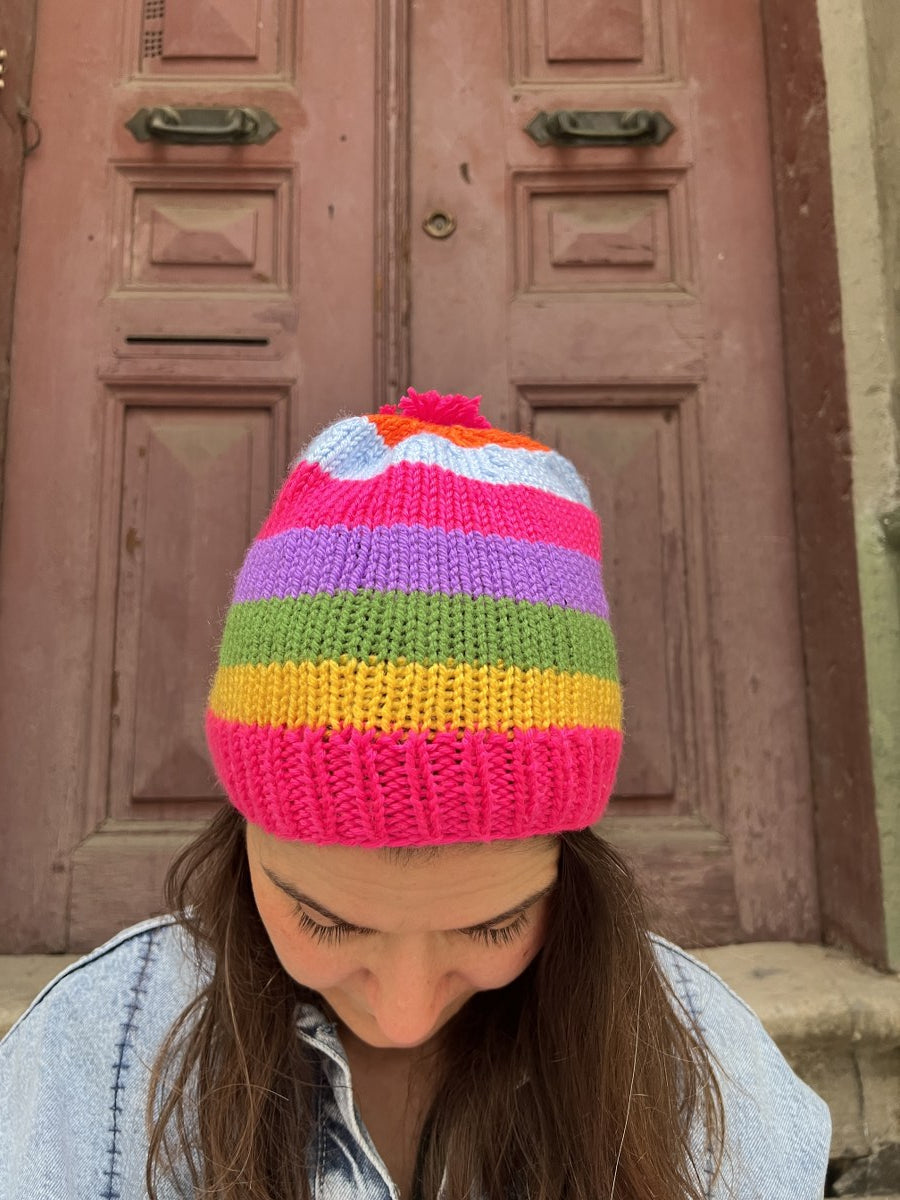 Gökkuşağı Renkli El Örgüsü Bere & Parmak Açık Eldiven Seti