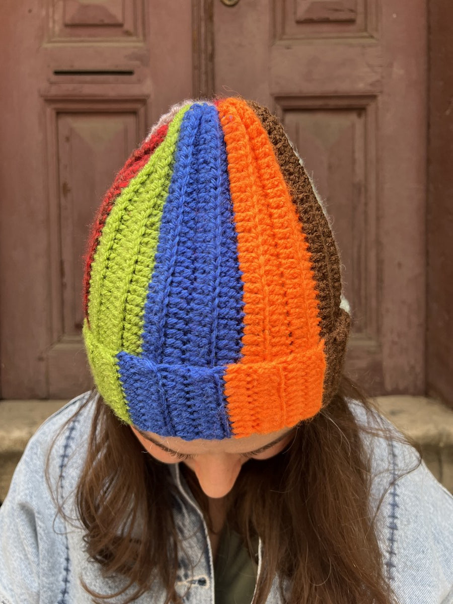 Bohem Patchwork El Örgüsü Bere – Renkli Çizgili - Kahve Turuncu Bej