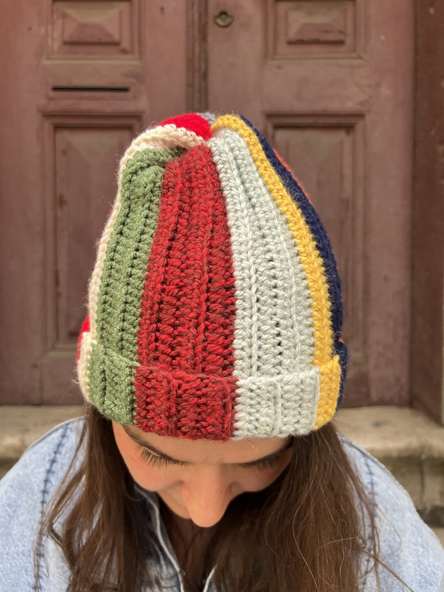 Bohem Patchwork El Örgüsü Bere – Renkli Çizgili - Sarı Laci Turuncu