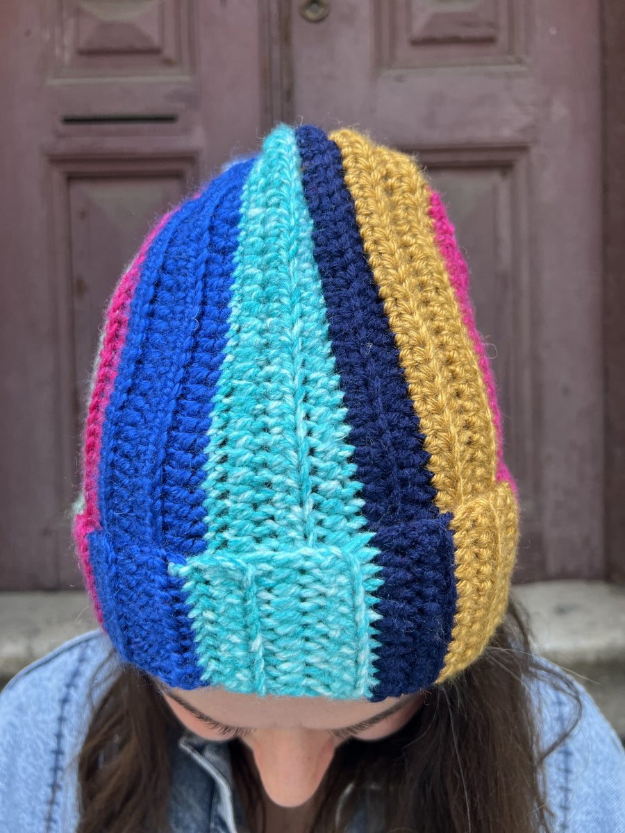 Bohem Patchwork El Örgüsü Bere – Renkli Çizgili - Pembe Sarı Yeşil