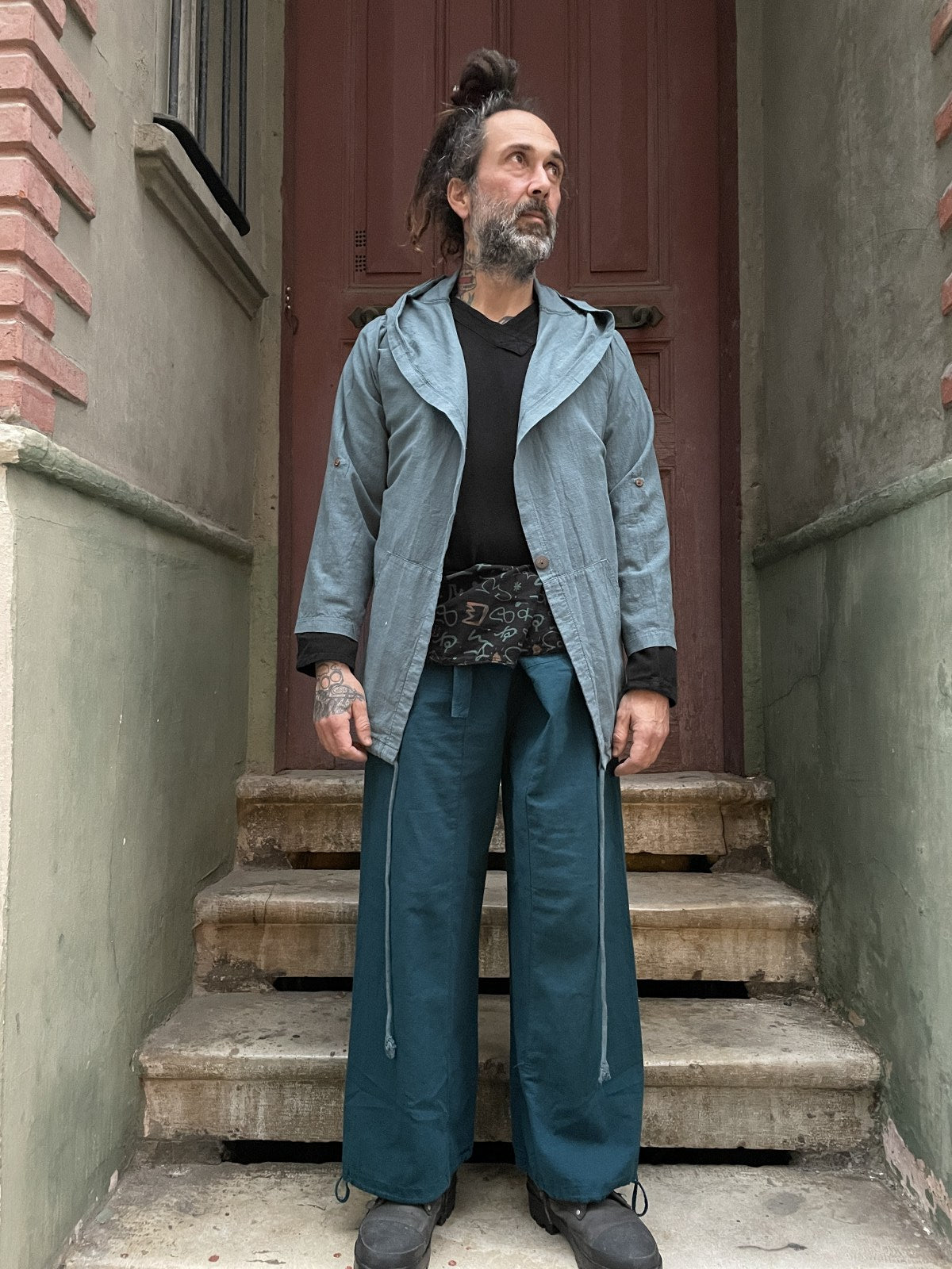 Etnik Desenli Bağcıklı Petrol Bohem Erkek Gömlek