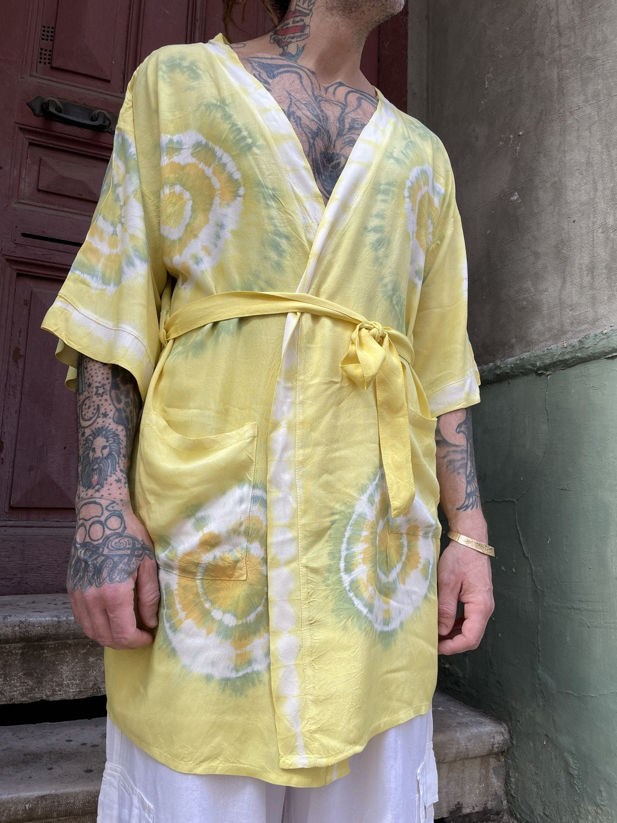Unisex Bohem Sarı Batik Tasarım Erkek Kimono Ceket