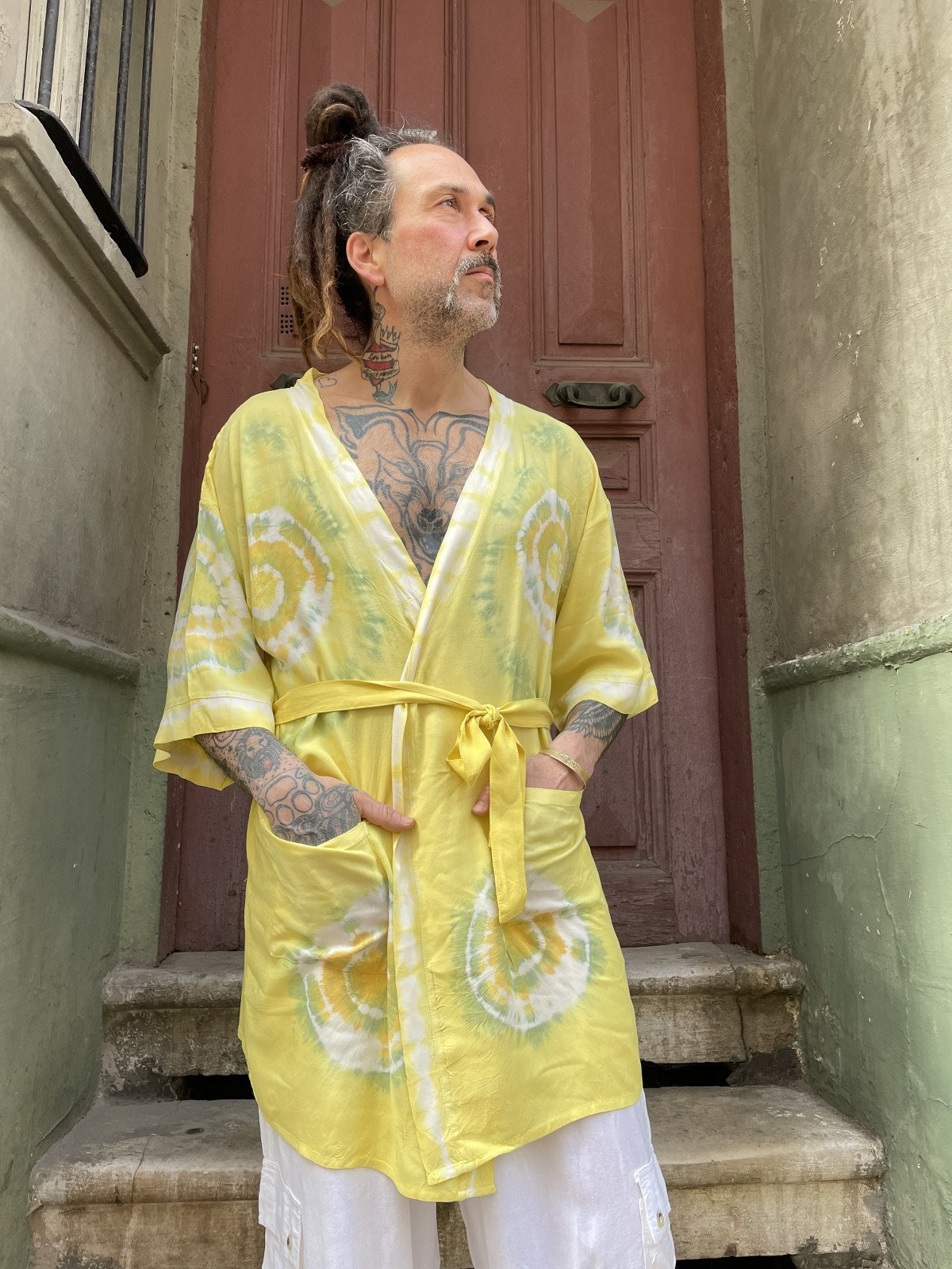 Unisex Bohem Sarı Batik Tasarım Erkek Kimono Ceket