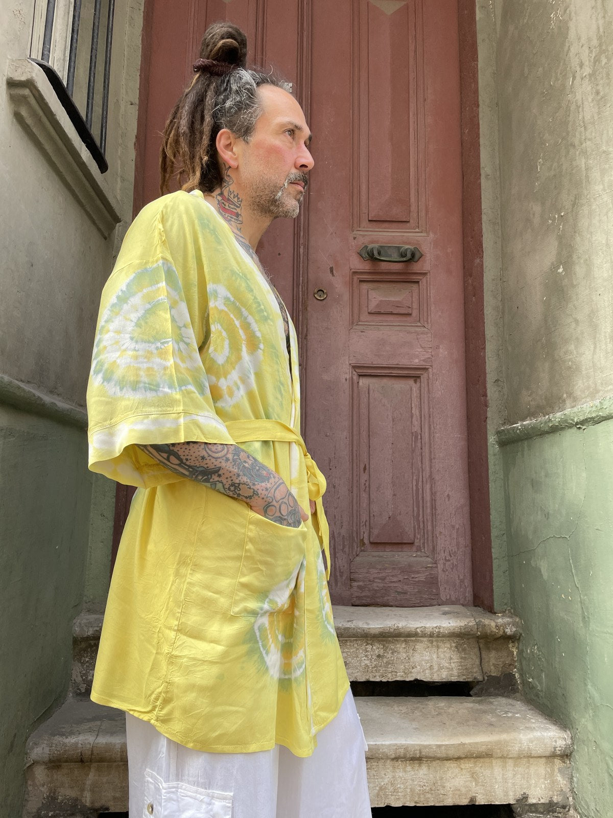 Unisex Bohem Sarı Batik Tasarım Erkek Kimono Ceket