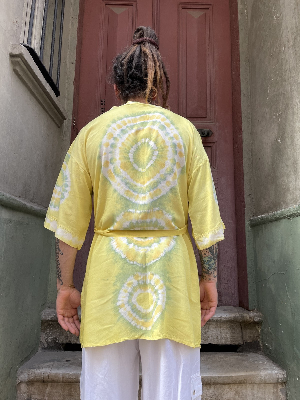 Unisex Bohem Sarı Batik Tasarım Erkek Kimono Ceket