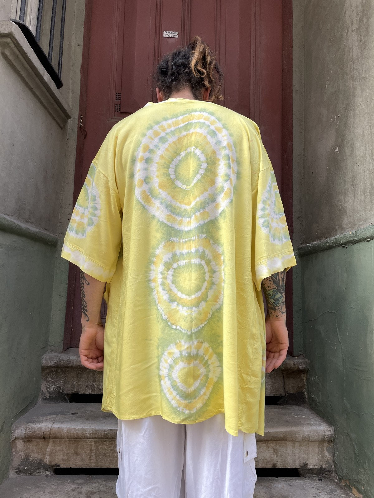 Unisex Bohem Sarı Batik Tasarım Erkek Kimono Ceket