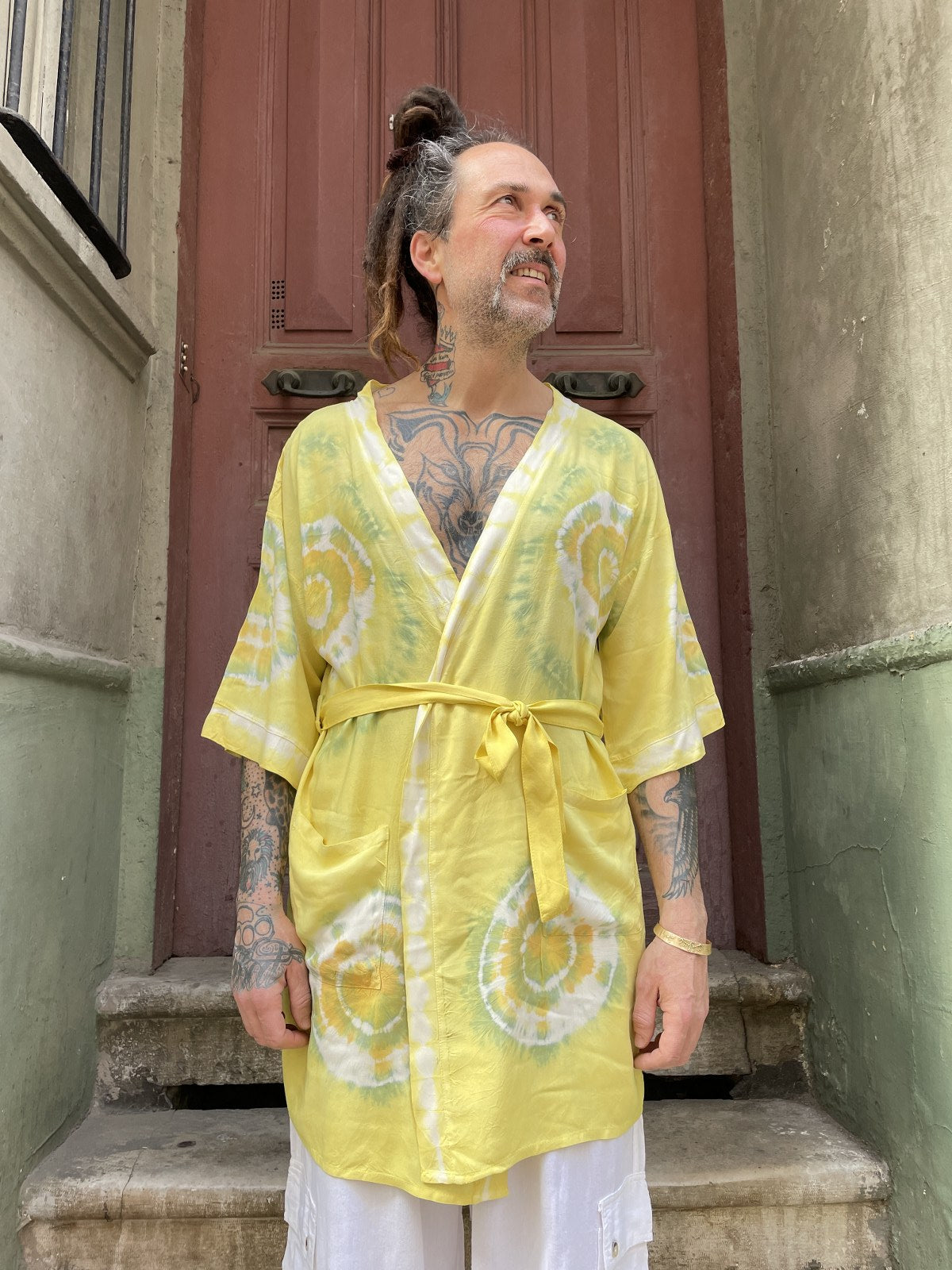 Unisex Bohem Sarı Batik Tasarım Erkek Kimono Ceket