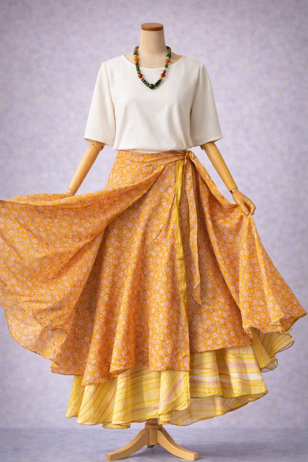 Çift Taraflı Bağlamalı İpek Etek – Sarı Desenli (Nepal)