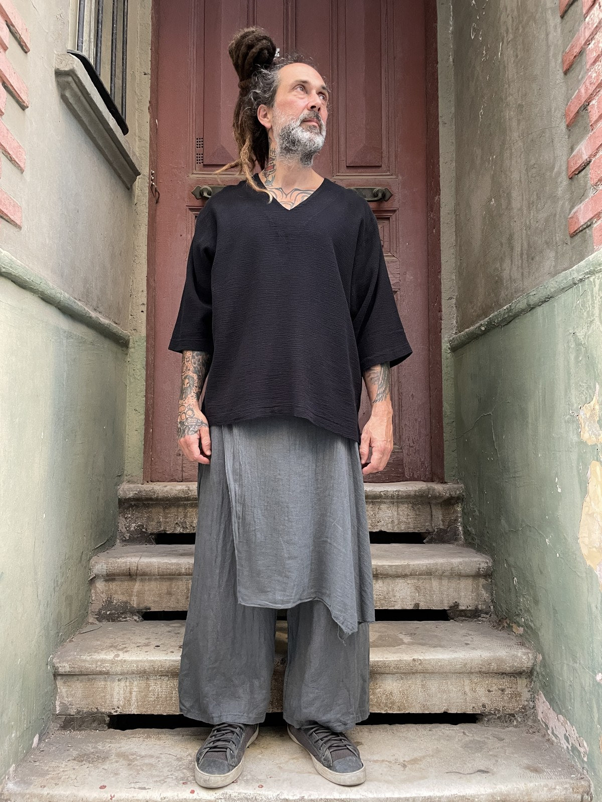 Bohem V Yaka Oversize Erkek Tişört Bluz – Siyah