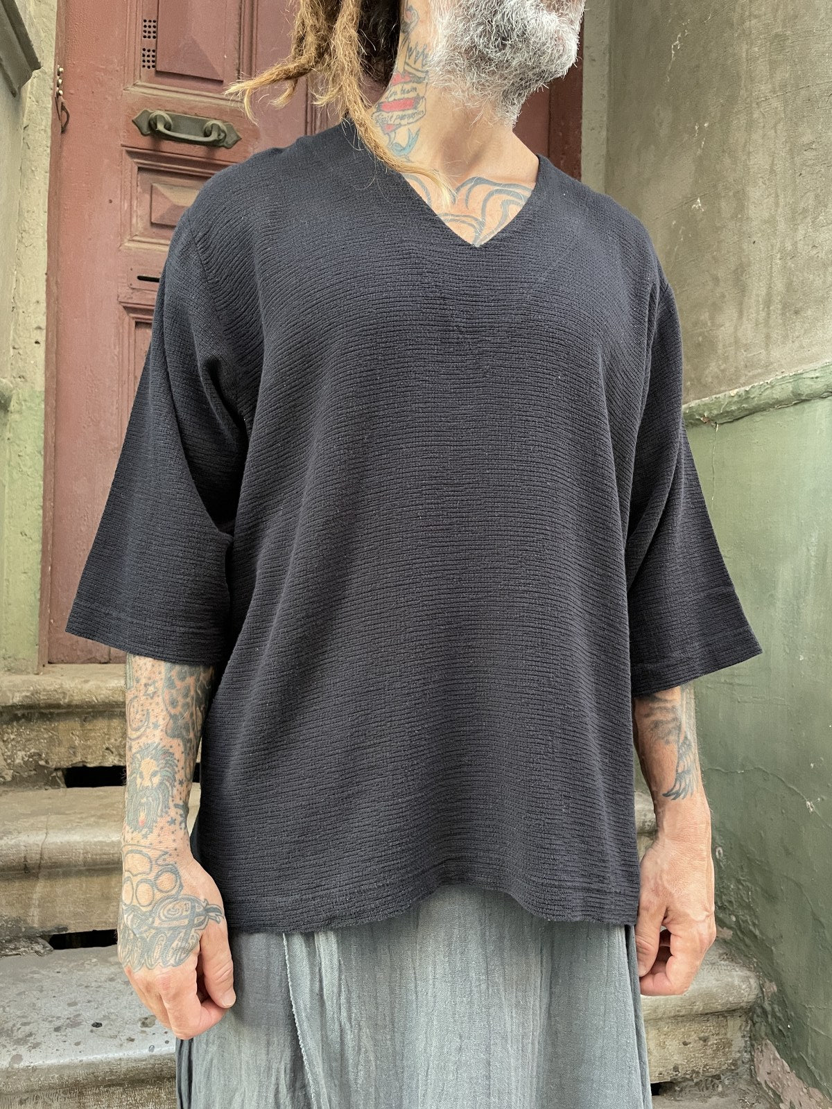 Bohem V Yaka Oversize Erkek Tişört Bluz – Siyah
