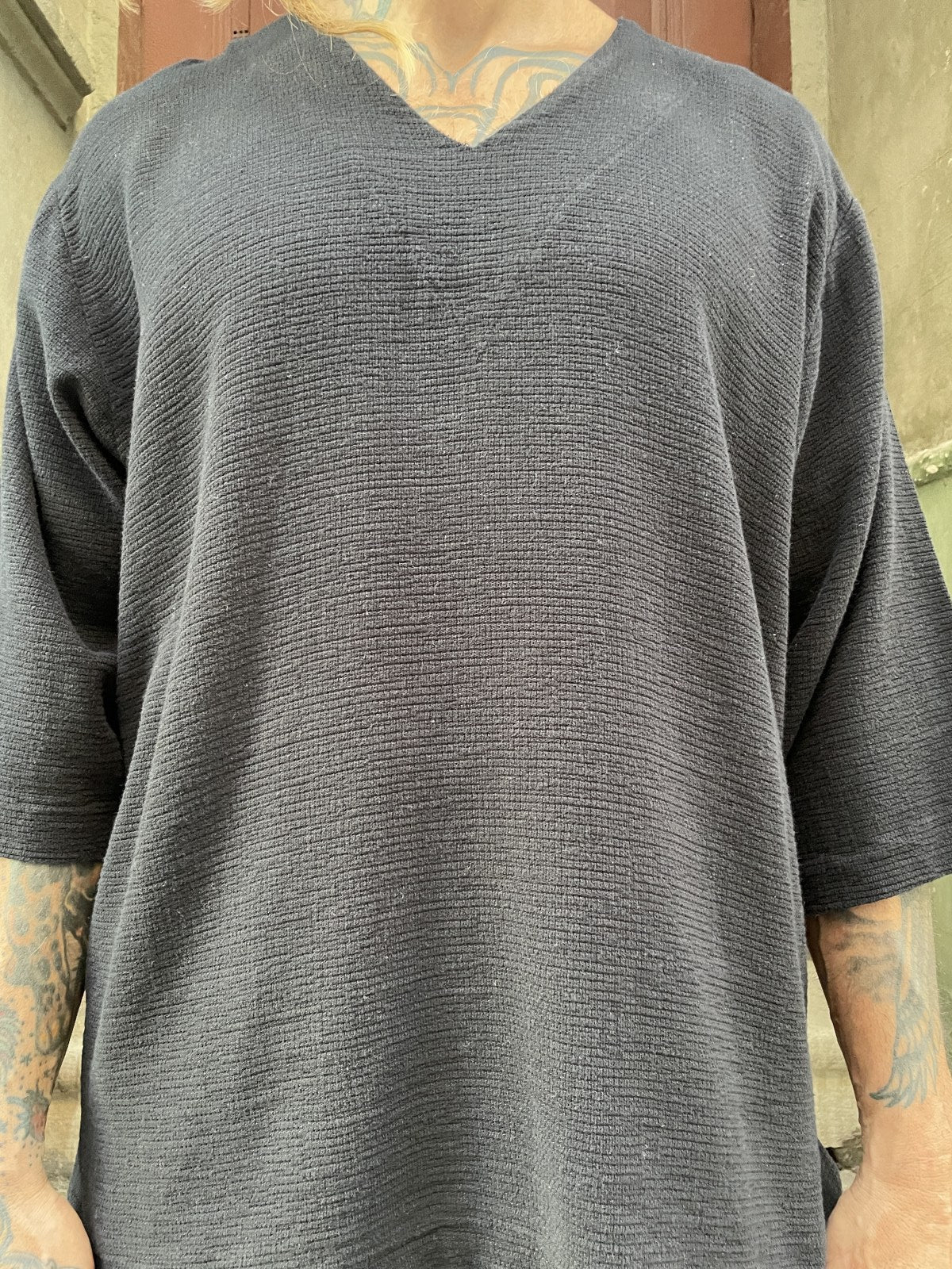 Bohem V Yaka Oversize Erkek Tişört Bluz – Siyah