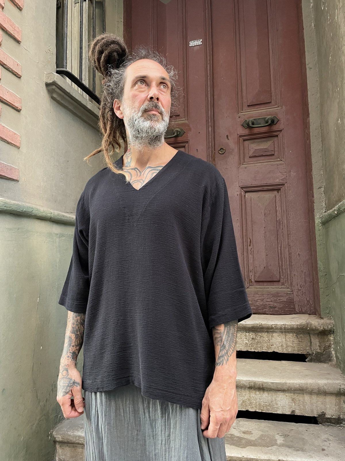 Bohem V Yaka Oversize Erkek Tişört Bluz – Siyah