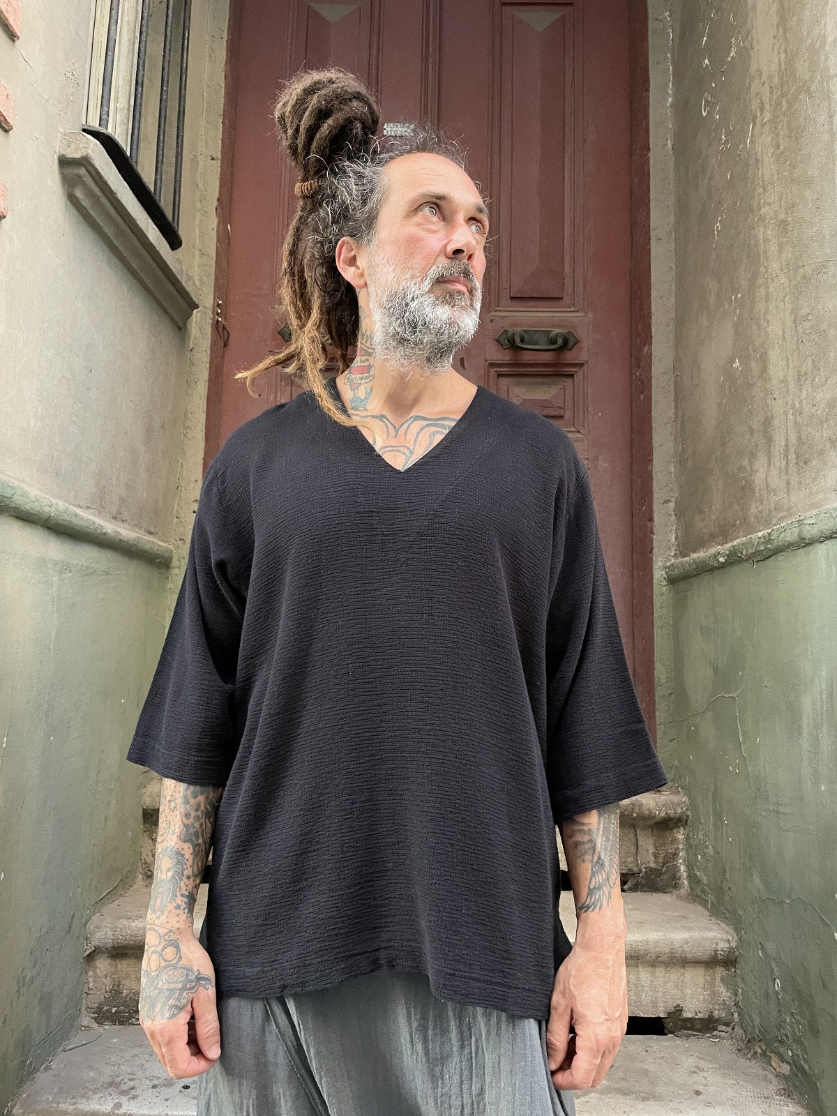 Bohem V Yaka Oversize Erkek Tişört Bluz – Siyah