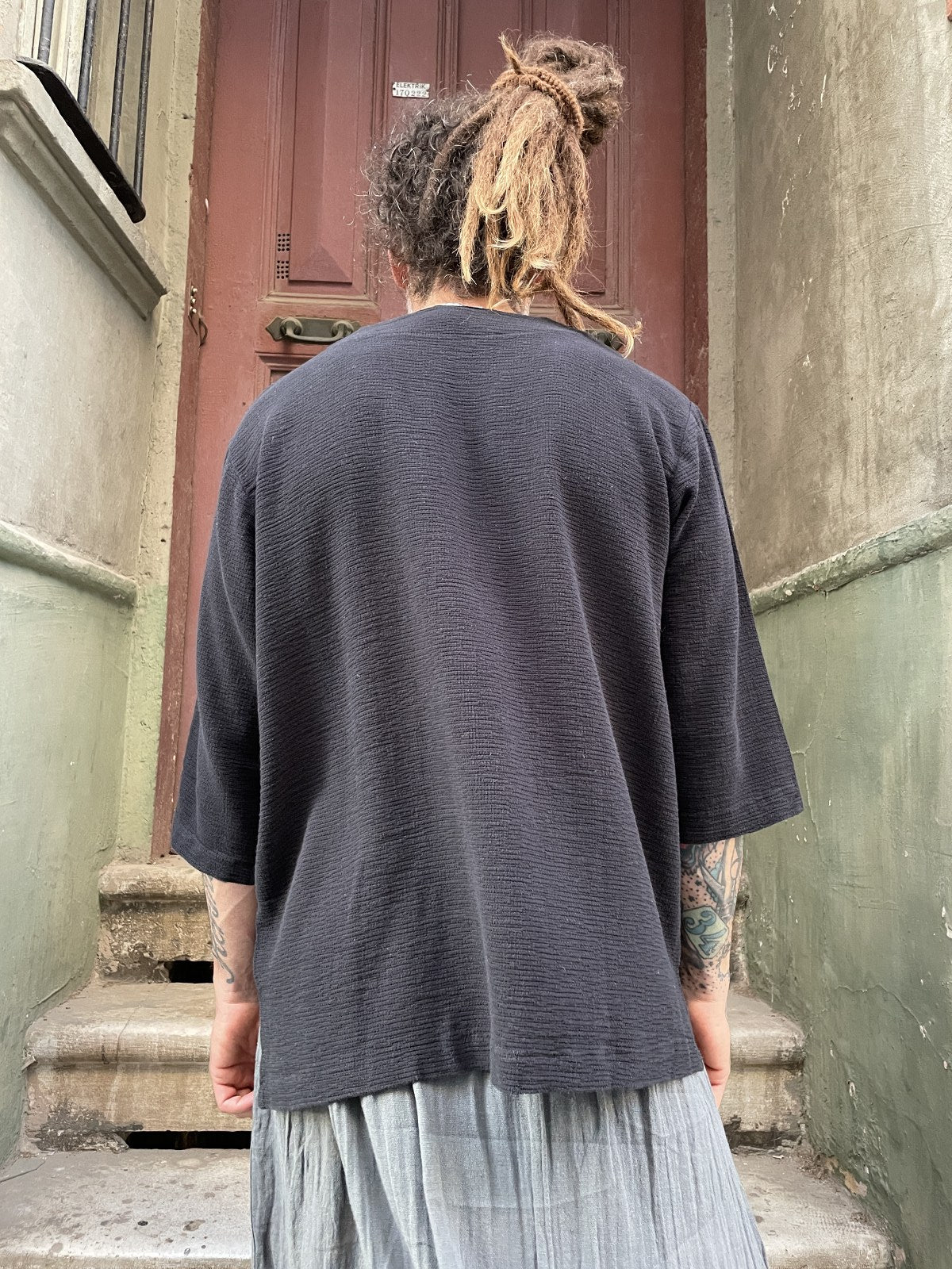 Bohem V Yaka Oversize Erkek Tişört Bluz – Siyah