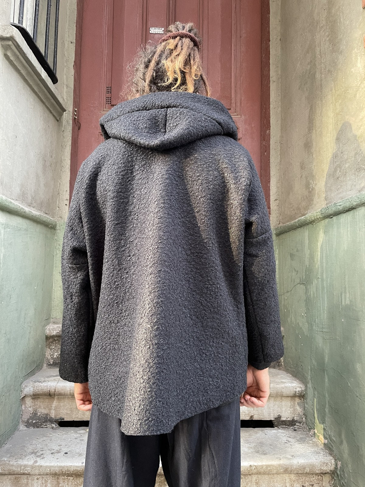 Unisex Siyah Bohem Salaş Kapşonlu İtalyan Kaban Mont